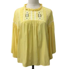 グローバルワーク GLOBAL WORK ブラウス カットソー プルオーバー フリルネック レース 刺繍 フレアスリーブ 長袖 L 黄 イエロー