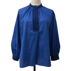 スタディオクリップ Studio Clip ブラウス カットソー プルオーバー バンドカラー 刺繍 リネン混 長袖 F 青 ブルー