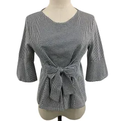 23区 オンワード樫山 カットソー ブラウス Vネック リボン ストライプ 五分袖 32 黒 グレー ブラック