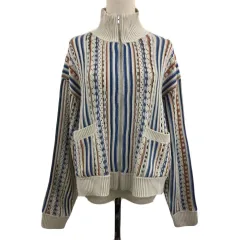 ニコアンド Niko and.. カーディガン ニット スタンドカラー ジップアップ 総柄 長袖 M ベージュ 青 ブルー