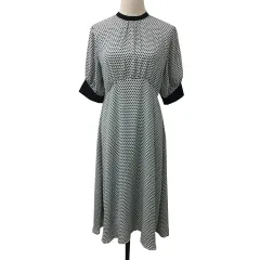 インデックス INDEX ワンピース フレア ロング ウエストゴム 総柄 五分袖 M 水色 黒 ライトブルー ブラック