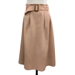 インデックス INDEX スカート フレア 膝下 ミモレ タック ウエストゴム ベルト リネン混 無地 M ピンク ベージュ