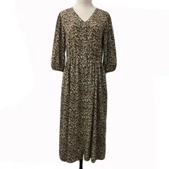 スタディオクリップ Studio Clip ワンピース シャツワンピ フレア ロング ウエストゴム 花柄 総柄 七分袖 M 茶 白 ブラウン ホワイト