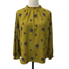 イエナ IENA ブラウス カットソー プルオーバー フリルネック 総柄 リボン 長袖 黄緑 イエローグリーン