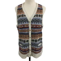 シュカ Shuca グローバルワーク GLOBAL WORK ベスト ニット Vネック ノルディック柄 マルチカラー ウール L ベージュ 赤 レッド