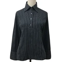 オフオン ofuon シャツ ブラウス プルオーバー スタンダード ハーフボタン ストライプ 長袖 40 黒 白 ブラック ホワイト