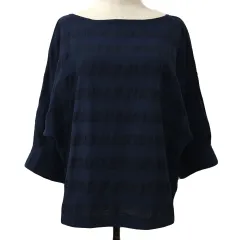 スタディオクリップ Studio Clip カットソー ボートネック プルオーバー ボーダー リネン混 七分袖 L 紺 ネイビー