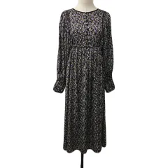 ビス ViS ワンピース フレア ギャザー ロング 花柄 ボリュームスリーブ 長袖 F 黒 紫 ブラック パープル