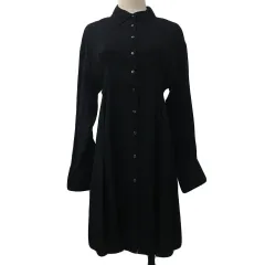 ページボーイ PAGE BOY ワンピース シャツワンピ フレア ミニ ストライプ タック 長袖 F 黒 ブラック