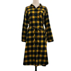 スタディオクリップ Studio Clip シャツワンピース ワンピース Iライン ロング スキッパー チェック ベルト スリット M 黄 黒 イエロー ブラック