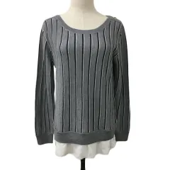 オフオン ofuon カットソー ニット プルオーバー ラウンドネック ストライプ 切替 シフォン 長袖 40 グレー 黒 ブラック