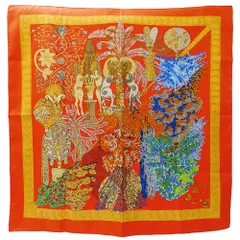 エルメス HERMES スカーフ レディース ブランド カレ90 Les Legendes de L'Arbre 木の伝説 シルク オレンジ 大判 おしゃれ 上品 動物 植物 派手 【中古】