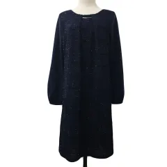 グローブ grove ワンピース Iライン 膝丈 切替 ニット シャギー ラメ 長袖 M 紺 ネイビー