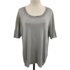 23区 オンワード樫山 セーター ニット プルオーバー ラウンドネック ビーズ ラメ 無地 五分袖 46 グレー