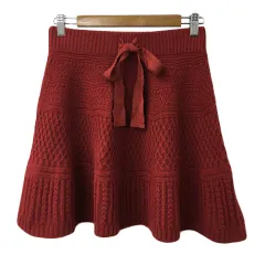 ランバンオンブルー LANVIN en Bleu スカート ニット 台形 ミニ ウエストゴム リボン 無地 38 赤 レッド