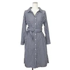 プラステ PLST コットンタイプライターシャツワンピース 長袖 ストライプ スキッパー ベルト付き コットン S ネイビー ホワイト