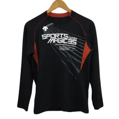 デサント DESCENTE Tシャツ カットソー クルーネック ラグランスリーブ スポーツウェア ロゴ プリント メッシュ 長袖 M 黒 赤 ブラック レッド