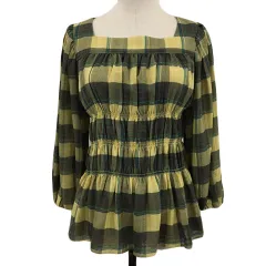 ローリーズファーム LOWRYS FARM ブラウス プルオーバー スクエアネック ティアード シャーリング ギャザー チェック 長袖 F 黄 黒 イエロー ブラック