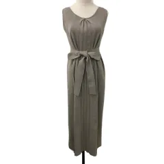 リエンダ rienda ワンピース ニット Iライン プリーツ ロング リボンベルト 無地 ノースリーブ FREE ベージュ