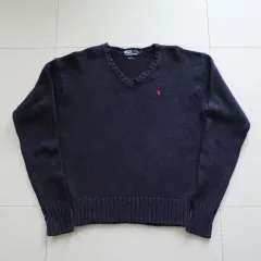 90s ポロ ラルフローレン ネイビー Vネック コットン ニット L