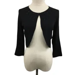 コムサイズム COMME CA ISM カーディガン ボレロ ニット ラウンドネック ショート 無地 ビーズ 七分袖 M 黒 ブラック