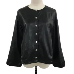 コムサイズム COMME CA ISM ジャケット ノーカラー フェイクレザー 切替 無地 長袖 9 黒 ブラック