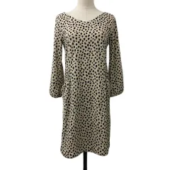 ナチュラルビューティーベーシック NATURAL BEAUTY BASIC ワンピース Iライン プルオーバー ひざ丈 総柄 長袖 L ベージュ 黒 ブラック