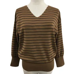 オフオン ofuon stylish カットソー ニット Vネック プルオーバー ボーダー 長袖 38 茶 黒 ブラウン ブラック