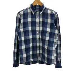 シップス SHIPS シャツ カジュアル スタンダード チェック リネン混 長袖 M 紺 白 ネイビー ホワイト