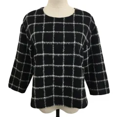 ビームスハート BEAMS HEART カットソー ブラウス ニット プルオーバー ラウンドネック チェック ウール 七分袖 黒 白 ブラック ホワイト