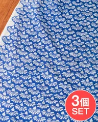 【3個セット】〔1m単位切り売り〕ジャイプル　職人手作り木版染め　色彩美しいボタニカルデザイン〔幅約110cm〕〔ブルー