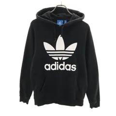 adidas アディダス トレフォイルロゴ 長袖 スウェットパーカー M ブラック 裏起毛 プルオーバー メンズ 古着