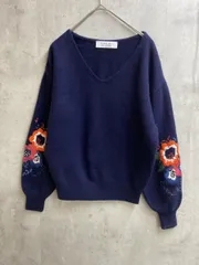 LOULOU WILLOUGHBY ルルウィルビー ウール Vネック 袖花柄刺繍 ニット セーター size2/ネイビー ◆■レディース