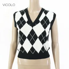 80%OFF 新品 ヴィコロ ViCOLO ニット TU EKN786 S Mサイズ ブラック ホワイト レディース ベスト ノースリーブニット アーガイル柄 イタリア製
