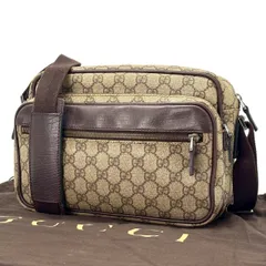 【身軽に整う】　GUCCI　ショルダーバッグ カメラバッグ GGスプリーム レザー切替 PVC ワンショルダー　ベージュ ブラウン