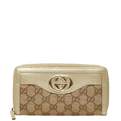 グッチ GGキャンバス インターロッキングG ラウンドファスナー 長財布 308012 ベージュ ゴールド キャンバス レザー レディース GUCCI【1-0243885】