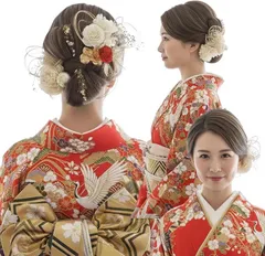 LALALA beauty flowers 成人式・卒業式にぴったりの華やか髪飾り 和装 七五三 結婚式 入学式 花火大会 浴衣 着物 袴 振袖 (レッド［3401］)