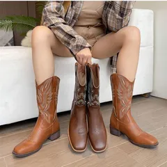 ウエスタンブーツ スクエアトゥ レザー 刺繍 全2色 韓国