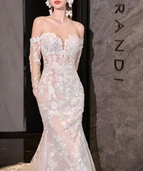 ウェディングドレス フラワーレース 長袖 マーメイド エレガント