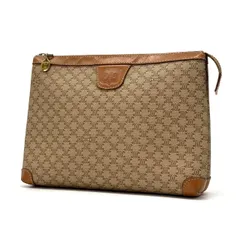 【さりげなく持つ名作柄】　CELINE　クラッチバッグ セカンドバッグ マカダム柄 PVC レザー縁取り 　ベージュ ブラウン