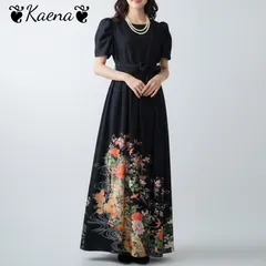 ❦Kaena❦　着物リメイク　黒留袖　ロング　ワンピース　ドレス　コンシャス袖　ギャザー　フレア　ベルト紐　後ろボタン　美シルエット　Aライン　刺繍　金彩　結婚式　卒業式　入学式　パーティー　ステージ衣装　オケージョン　フォーマル　お呼ばれ　ブラック　黒