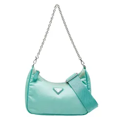 プラダ 三角ロゴプレート チェーン ハンドバッグ ショルダーバッグ 2WAY ライトグリーン ナイロン レザー レディース PRADA【1-0241253】