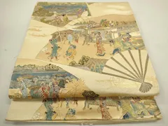 平和屋着物◎六通柄袋帯　扇面人物風景文　金糸　正絹　逸品　CABD0814ze