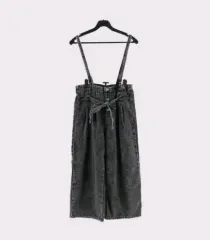 D20 ブラック デニム サスペンダー ワイド パンツ