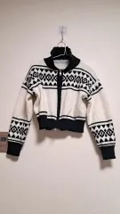 パターン ニット ジップアップ カーディガン アイボリー ブラック