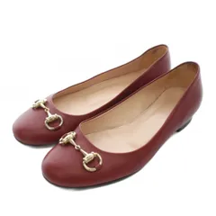 グッチ GUCCI パンプス フラット レザー ラウンドトゥ ローヒール ホースビット ゴールド金具 37.5 24.5cm 赤 レッド /XZ ■GY19