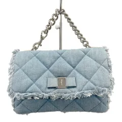 Salvatore Ferragamo 美品 サルヴァトーレ フェラガモ ヴァラ 2WAY チェーンショルダーバッグ ハンドバッグ デニム リボン 21 F940 コットン ブルー キルティング ABランク 中古 鑑定済 フェラガモバッグ【1/28価格改定】