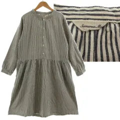 サマンサモスモス SM2 コットンリネンストライプワンピース FSS-1102482 バンドカラー 長袖 バックドローコード ミモレ丈 ネイビー 紺 生成り M