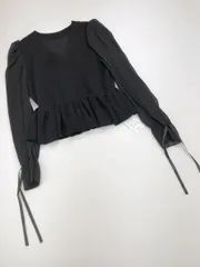新品 GRL 異素材Vネックフリルリボン ひらひら シフォン バルーン ボリューム袖 ペプラム at1722 ブラウス シャツ sizeM/黒 ◇■レディース