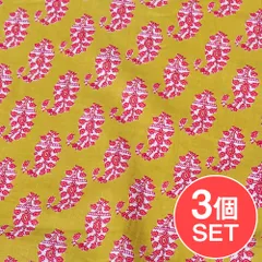 【3個セット】〔1m単位切り売り〕南インドの民族模様　昔ながらのペイズリー布　黄緑系〔幅約109cm〕 / セット 花柄